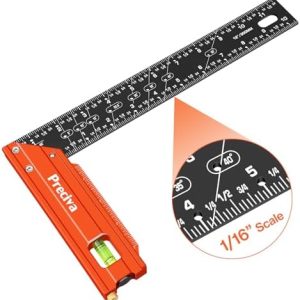 Preciva 12” Carpenter Square Ruler - Aluminum Alloy Framing Square, Right Angle Ruler Metal Square with Edge Support, Multiple Angle Markings and Level Bubble